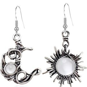 Vintage Boho Opal Sun and Moon Drop Dangle Earrings Moonstone Natural Stone Hook
